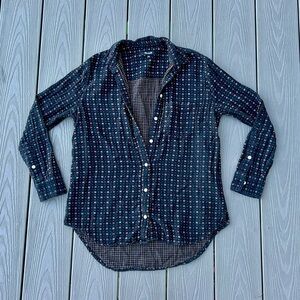 Madewell navy button down with red and white geometric floral pattern